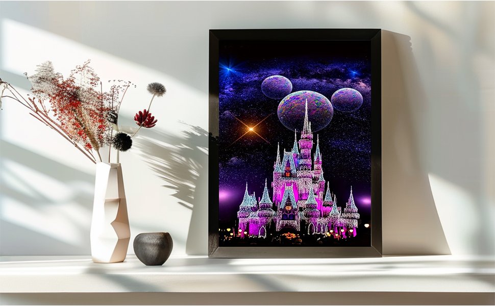 Diamond art painting of a fantasy castle with planets in a starry sky, framed and displayed on a shelf with decorative dried flowers.