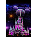 Diamond art painting of a fantasy castle illuminated with purple and blue lights against a starry, cosmic background with three planets.