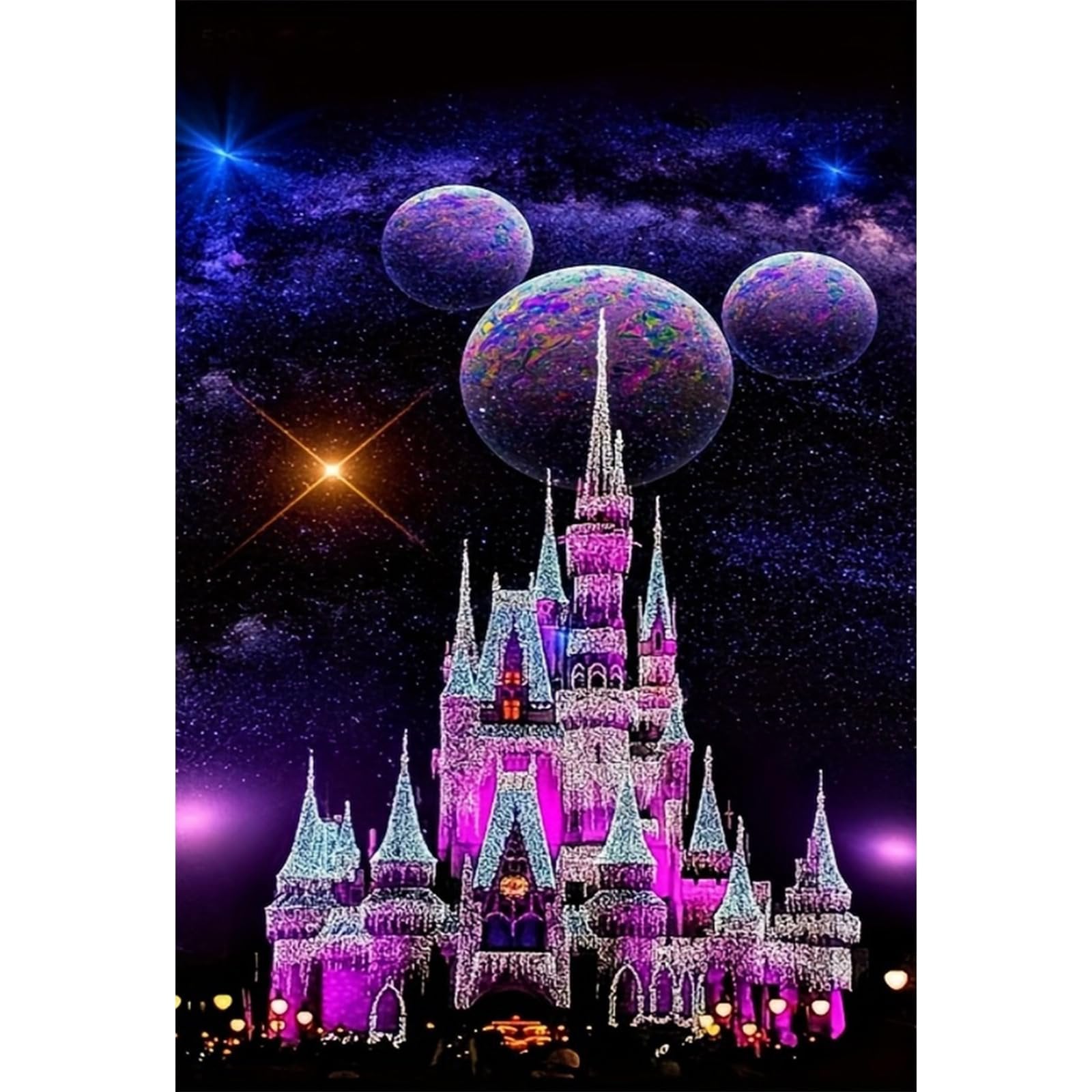 Diamond art painting of a fantasy castle illuminated with purple and blue lights against a starry, cosmic background with three planets.