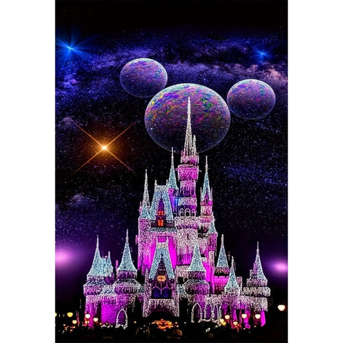 Diamond art painting of a fantasy castle illuminated with purple and blue lights against a starry, cosmic background with three planets.