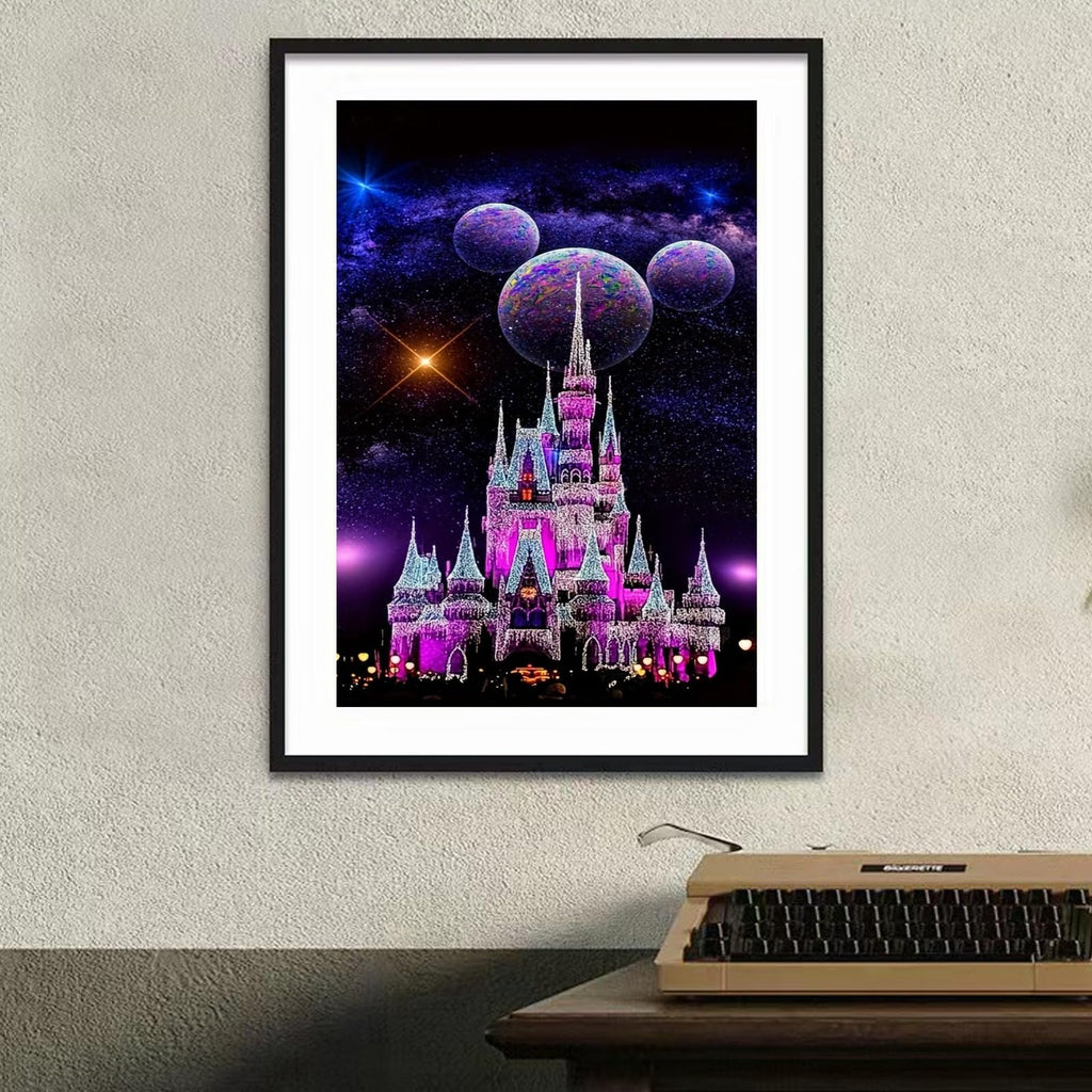 Diamond art painting of a brightly lit castle against a starry, cosmic background with three planets.