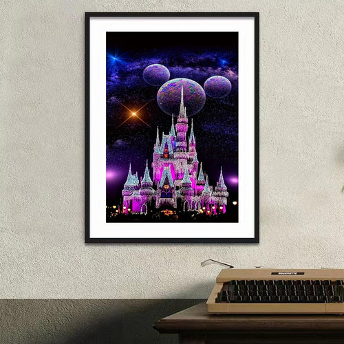 Diamond art painting of a brightly lit castle against a starry, cosmic background with three planets.
