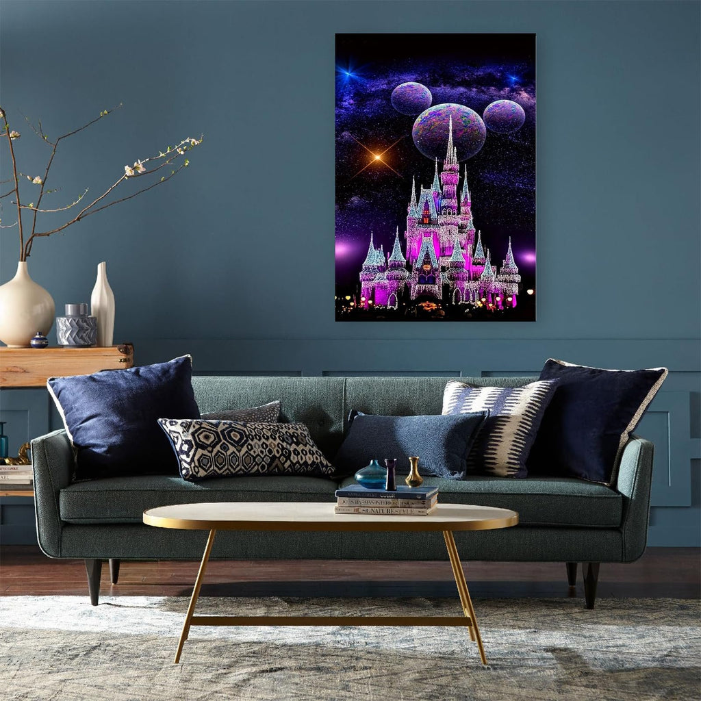 Diamond art painting of a pink castle with planets and stars in a night sky, displayed on a wall above a sofa.