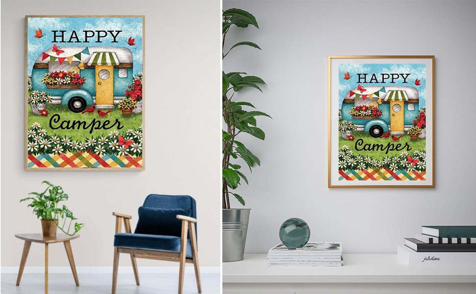 Diamond painting kit featuring a blue camper van with flowers and butterflies, text reads 'HAPPY Camper'.