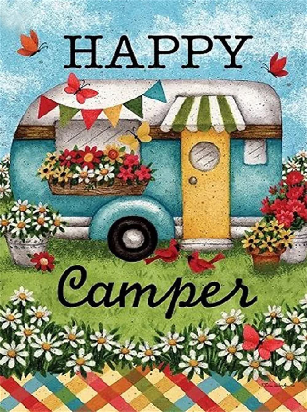 Diamond painting kit featuring a teal camper with flowers and butterflies, text reads Happy Camper.
