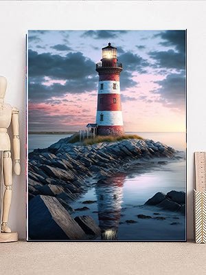 Diamond painting kit featuring a red and white lighthouse on a rocky island at sunset, with its reflection in the water.