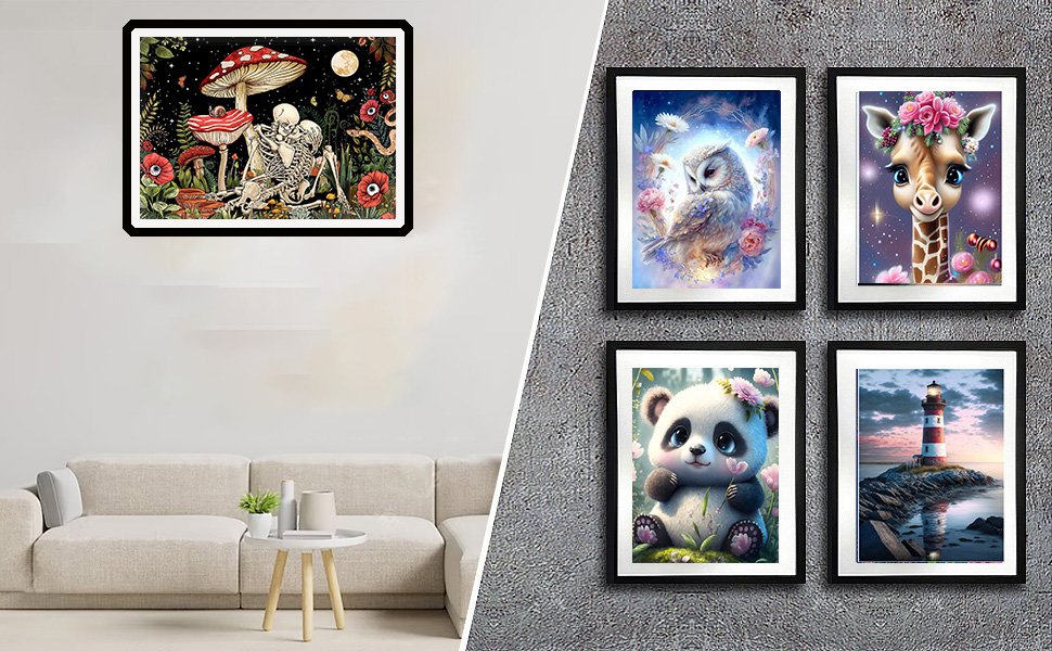Five framed diamond paintings displayed on a wall: skeletons with mushrooms, owl, giraffe, panda, and lighthouse.