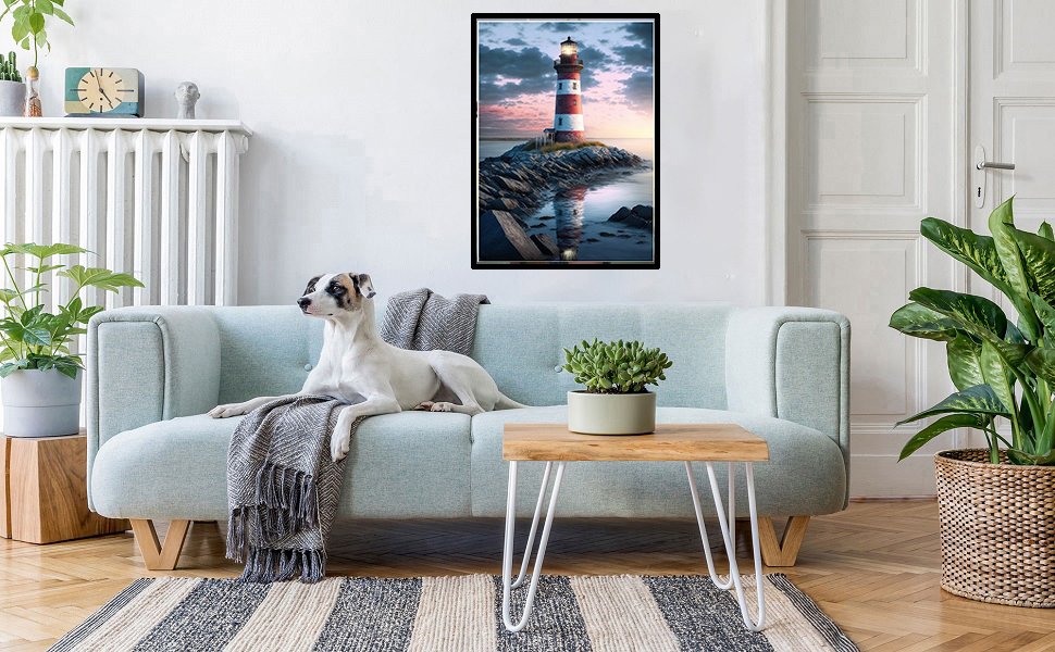 Diamond painting kit with beach lighthouse design hanging on a wall above a sofa with a dog