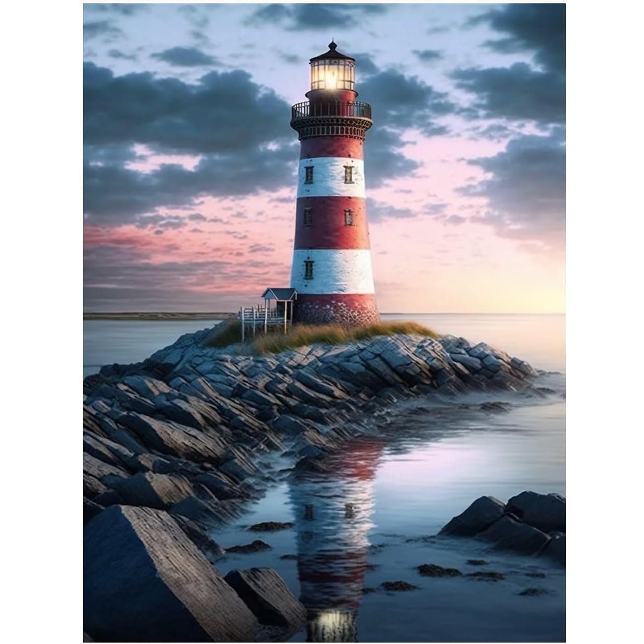 Diamond painting kit showing a red and white striped lighthouse on a rocky shore at sunset with its reflection in the water.