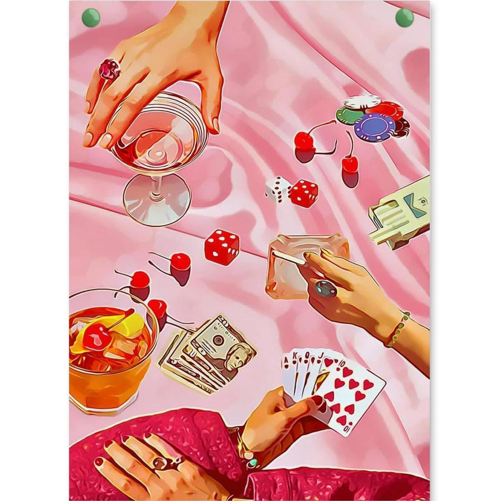 Diamond painting kit art depicting a casino night scene with hands holding drinks, cards, dice, and poker chips.