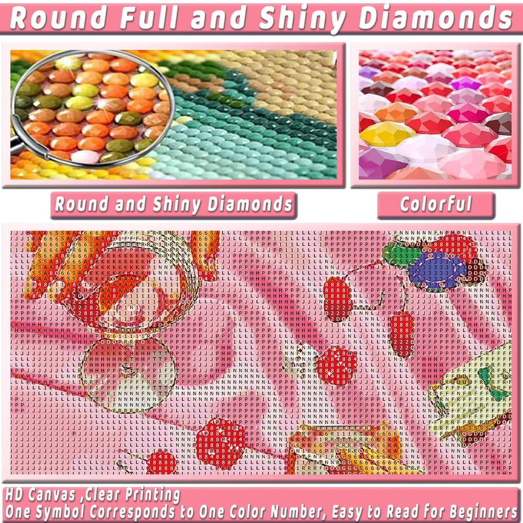 Diamond painting kit with canvas showing grid of symbols, close-up of diamonds, and colorful diamond examples.