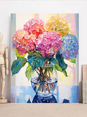 Vase of colorful hydrangeas in glass vase, diamond painting kit art