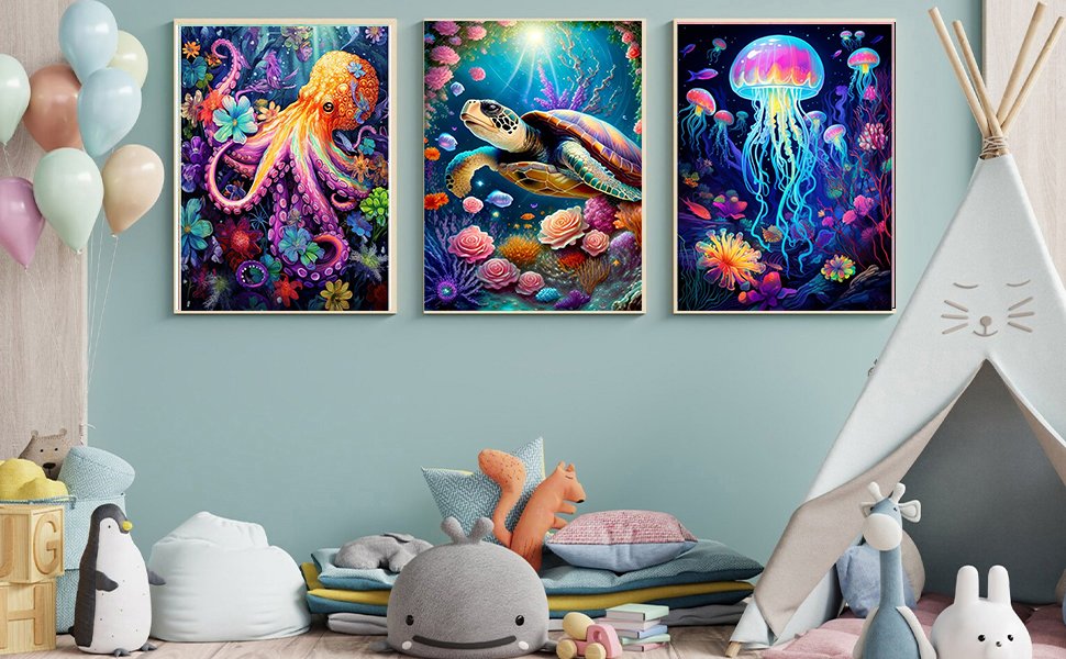 Three framed diamond paintings of underwater scenes: an octopus, a sea turtle, and jellyfish, displayed in a child's room with balloons and toys.