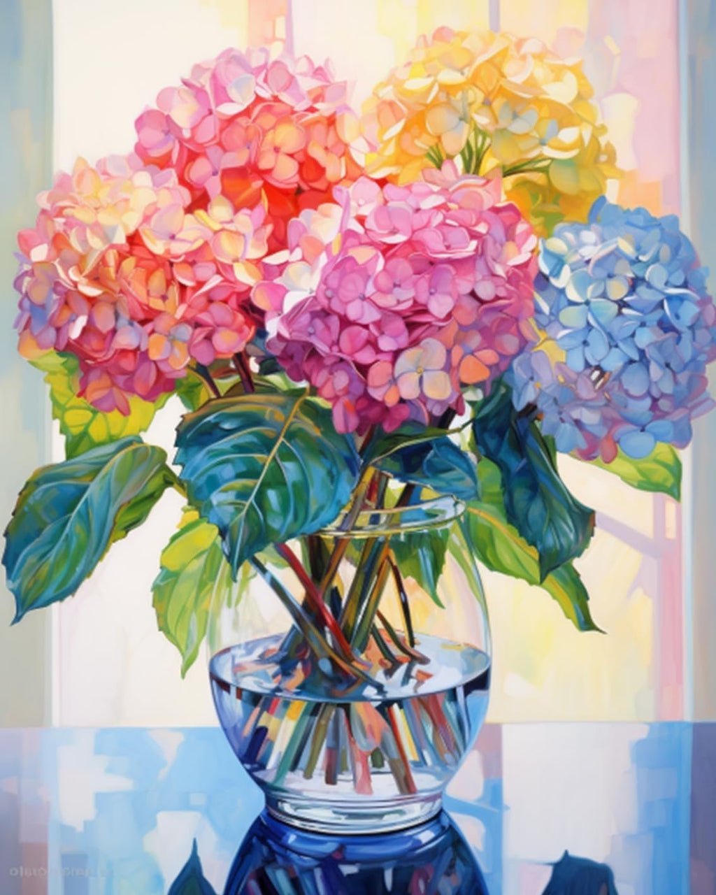 Vase of colorful hydrangeas in water, rendered as a diamond painting, with a window in the background.