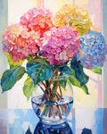 Vase of colorful hydrangeas in water, rendered as a diamond painting, with a window in the background.