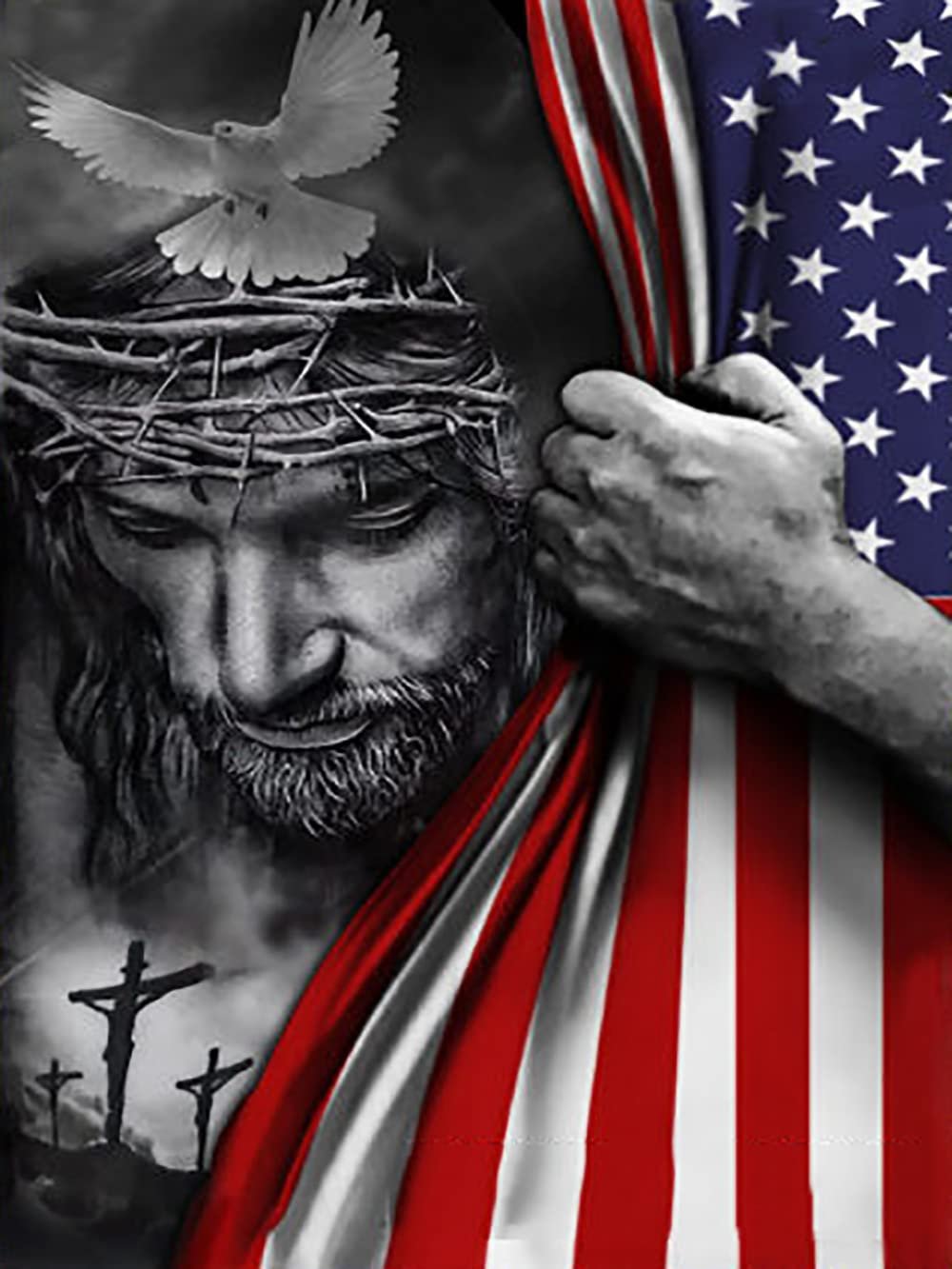 Diamond painting kit featuring Jesus Christ with a crown of thorns and a dove, partially revealed American flag.