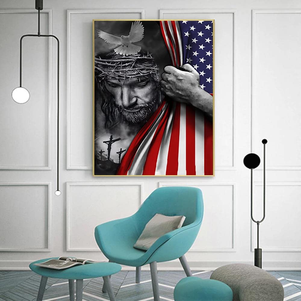 Diamond painting kit featuring Jesus with a crown of thorns and a dove, partially revealed American flag, and three crosses in the background.