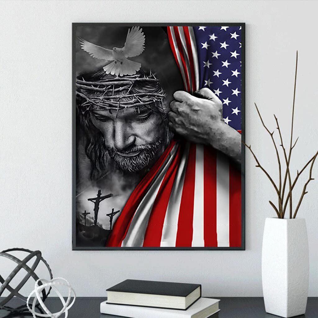 Jesus Christ with crown of thorns and dove, partially revealed American flag and three crosses in background