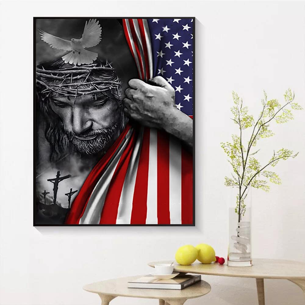 Diamond painting kit featuring Jesus Christ with a crown of thorns, a dove, and the American flag.