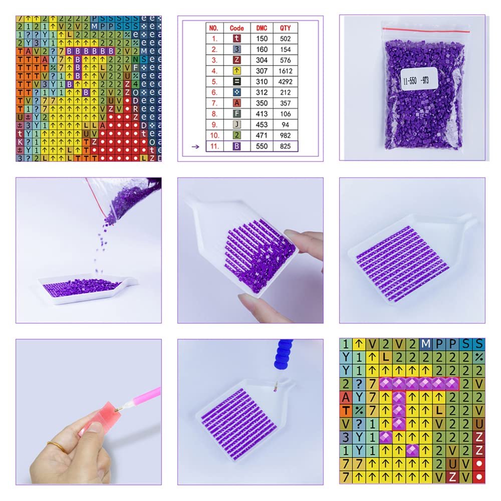Diamond painting kit components including a grid chart, color codes, and purple diamond beads in a bag and tray.