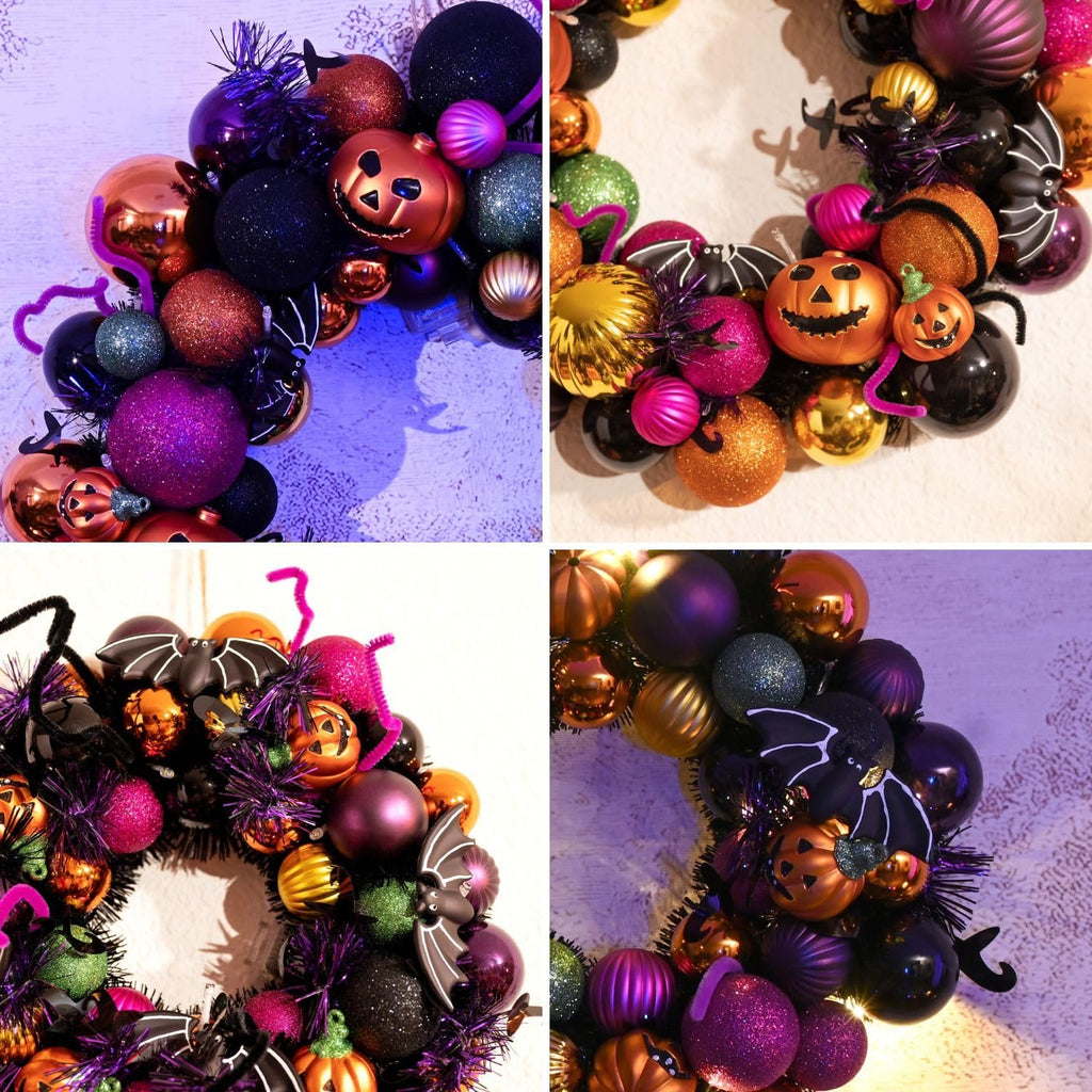 Collage of four close-up views of a Halloween ball wreath decorated with pumpkins, bats, and glittery ornaments.