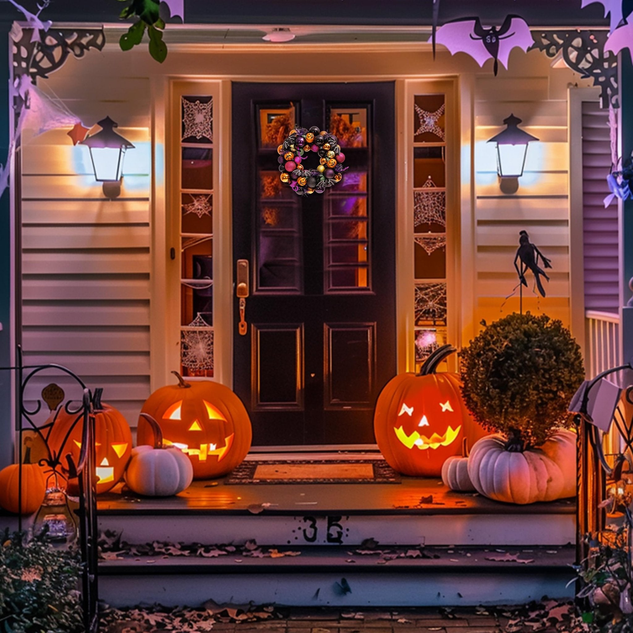Halloween porch decorated with a wreath, pumpkins, and bats. A wreath with orange and purple ornaments hangs on the door.