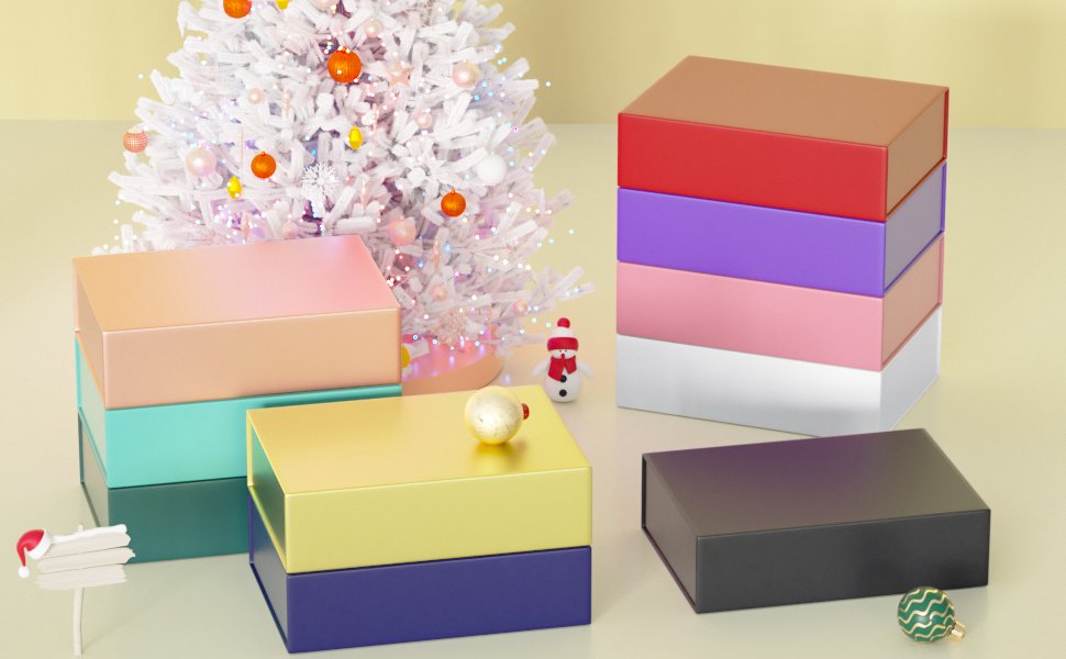 Stack of colorful collapsible gift boxes with magnetic closure lids, arranged around a decorated Christmas tree.