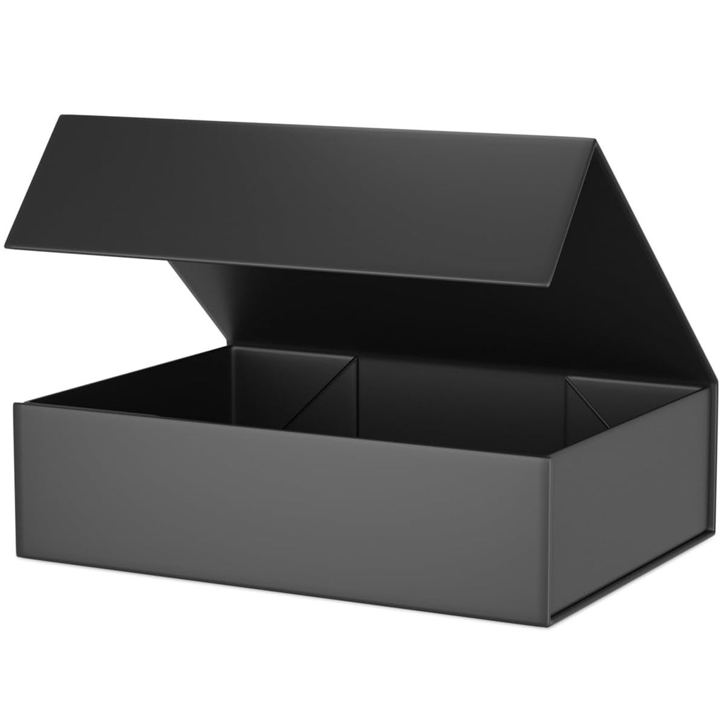 Black collapsible gift box with magnetic closure lid open, shown from a front-side angle on a white background.