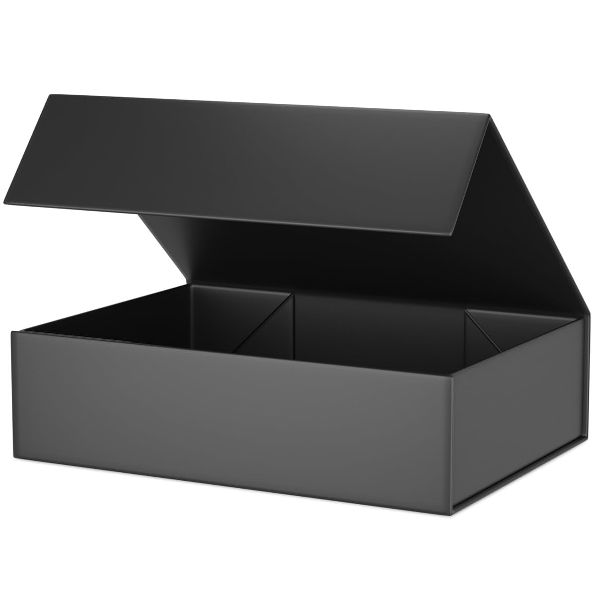 Black collapsible gift box with magnetic closure lid open, shown from a front-side angle on a white background.