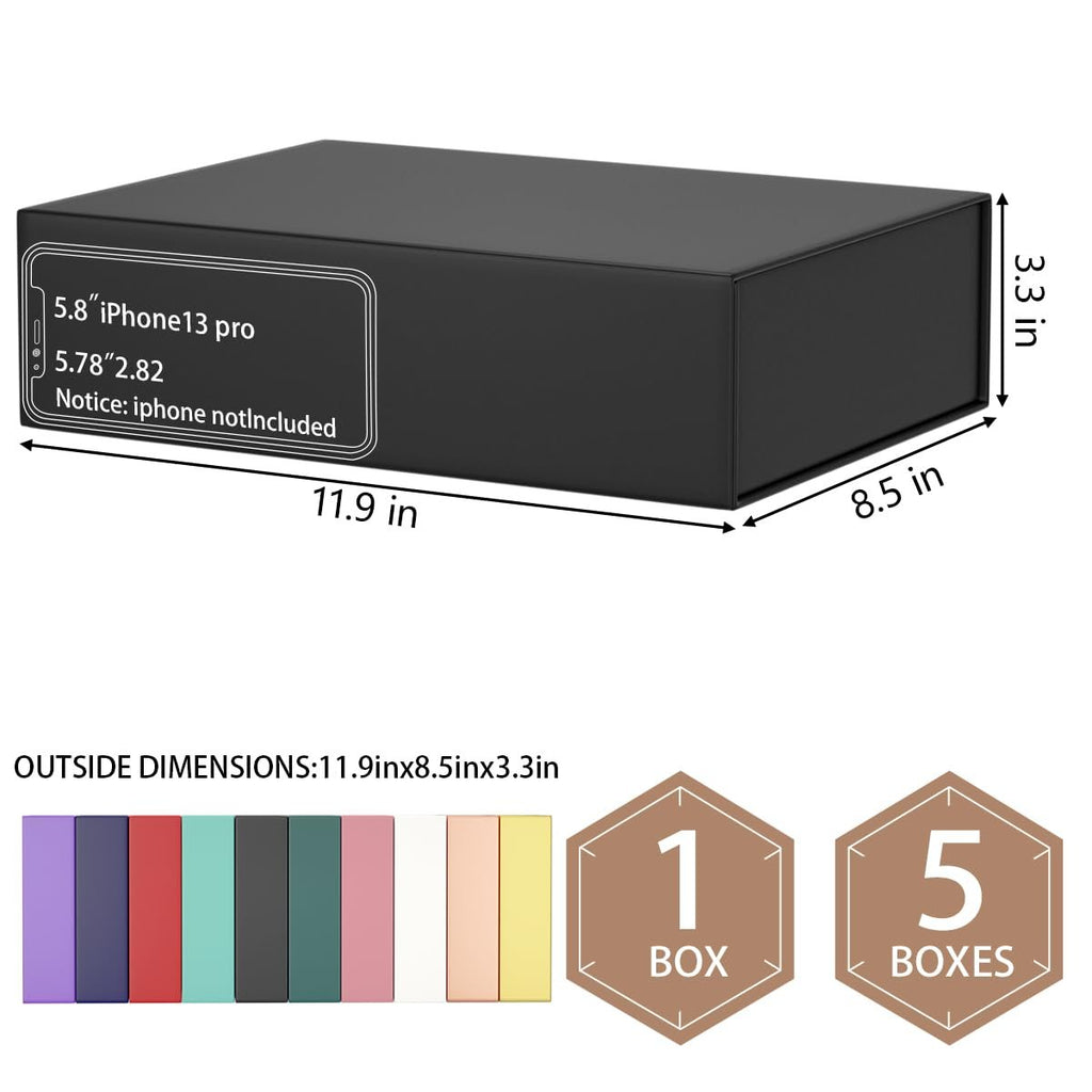 Black collapsible gift box with dimensions and iPhone size comparison graphic
