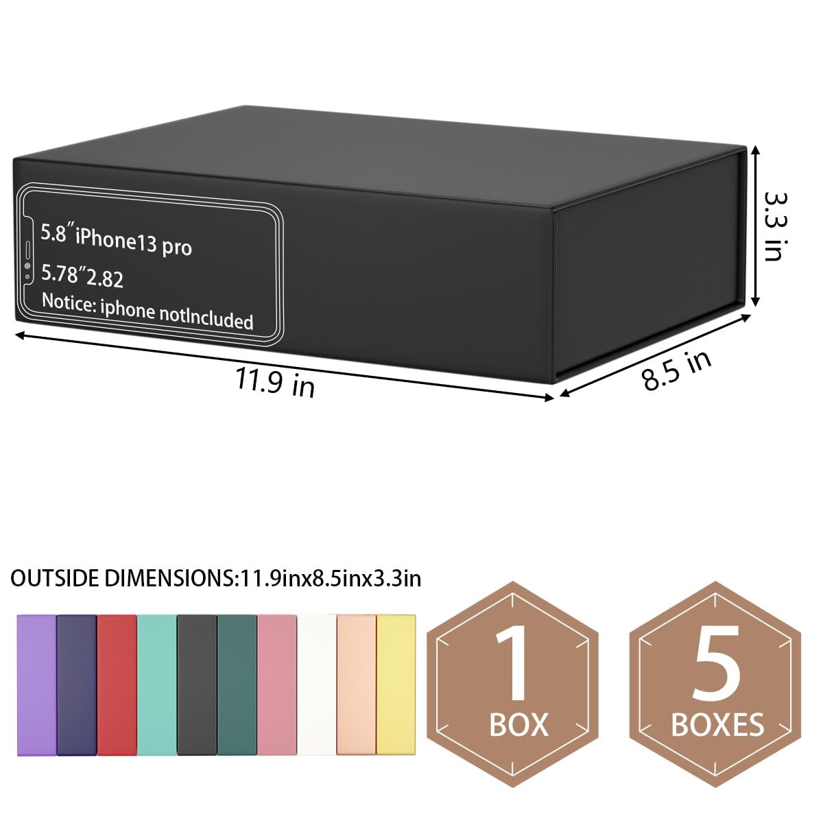 Black collapsible gift box with dimensions and iPhone size comparison graphic