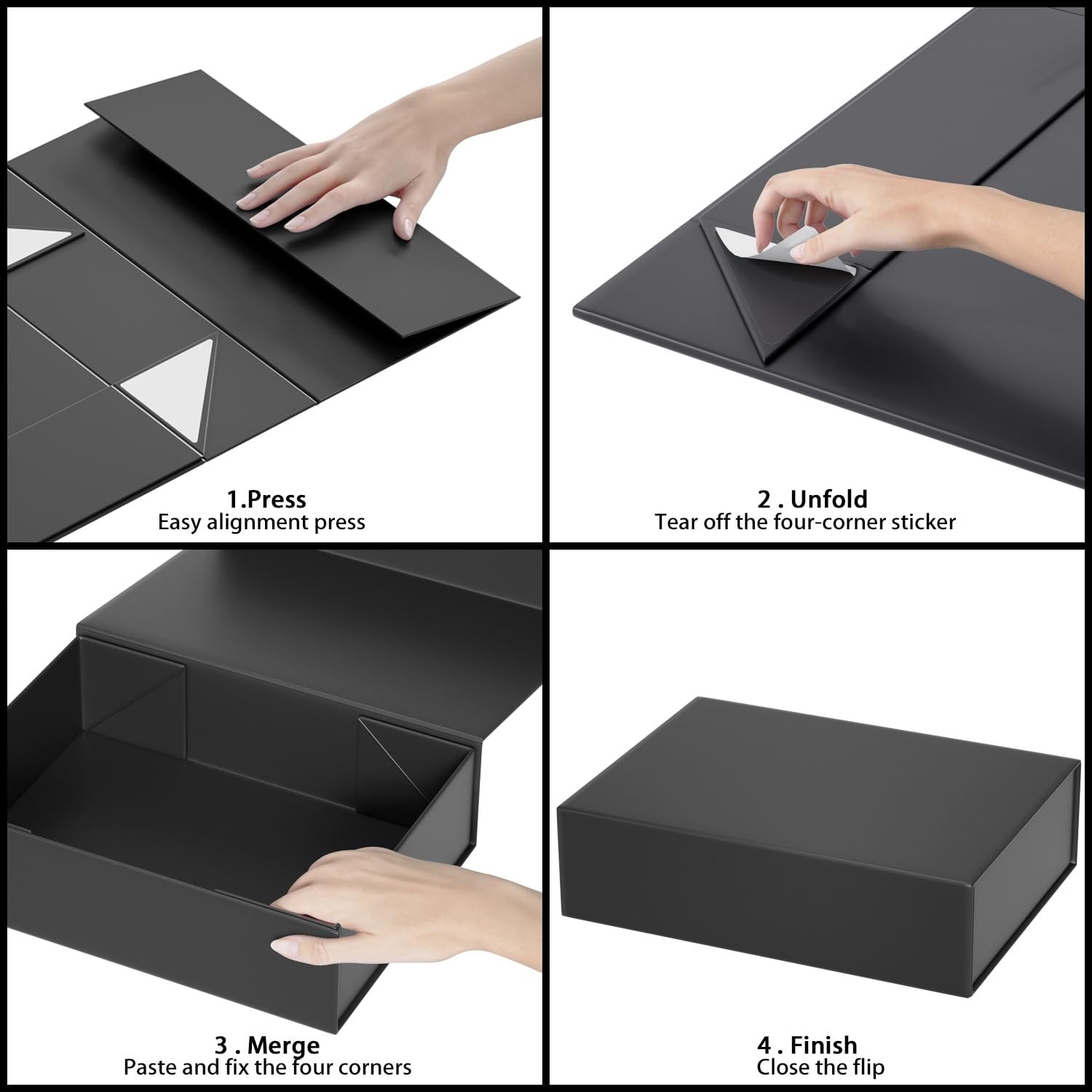 Collapsible black gift box assembly instructions showing four steps: pressing, unfolding sticker, merging corners, and finishing lid closure.