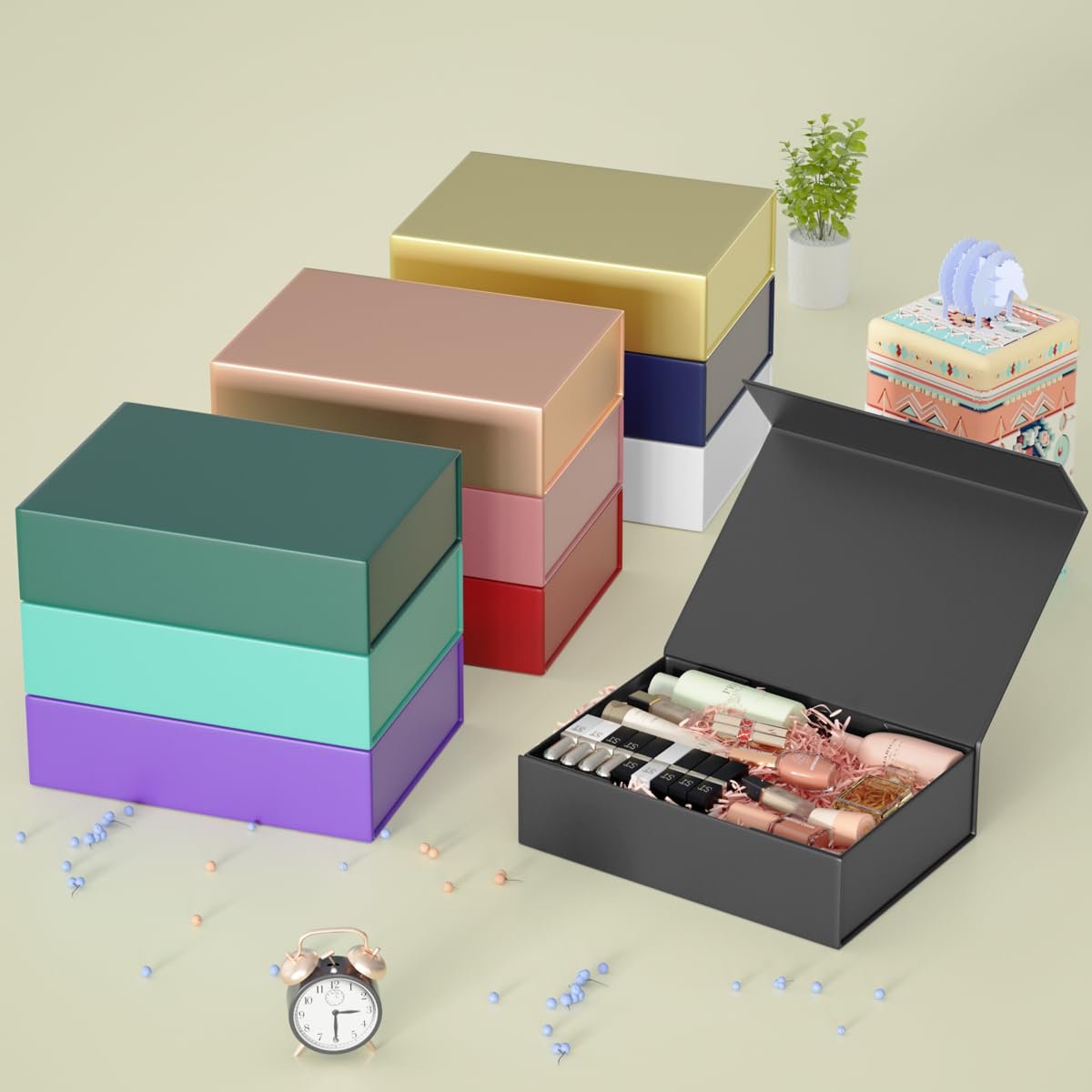 Collapsible gift box filled with makeup and skincare products, next to stacks of colorful boxes and an alarm clock.
