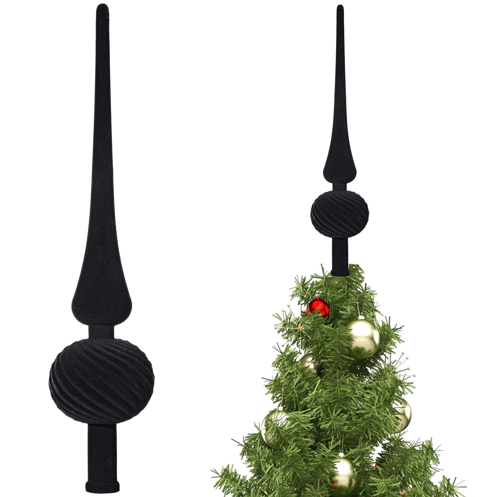 Black velvet finial Christmas tree topper shown on a decorated tree and separately on white background