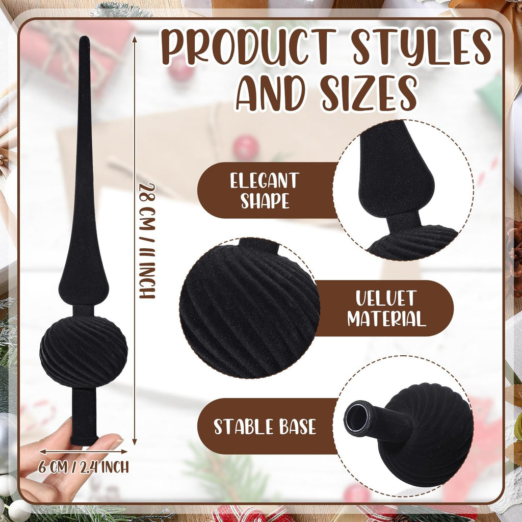 Black velvet Christmas tree topper with spherical base, shown with dimensions and close-ups of shape, material, and base.