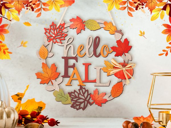 Wooden fall wreath with "hello FALL" text, decorated with colorful leaves and a small pumpkin.