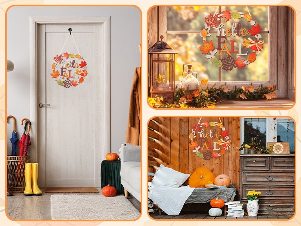 Wooden fall wreath with "hello FALL" text and autumn leaves hanging on a door, window, and porch.