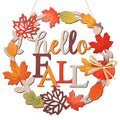 Wooden fall wreath with 'hello FALL' text and autumn leaves, featuring a small pumpkin accent.