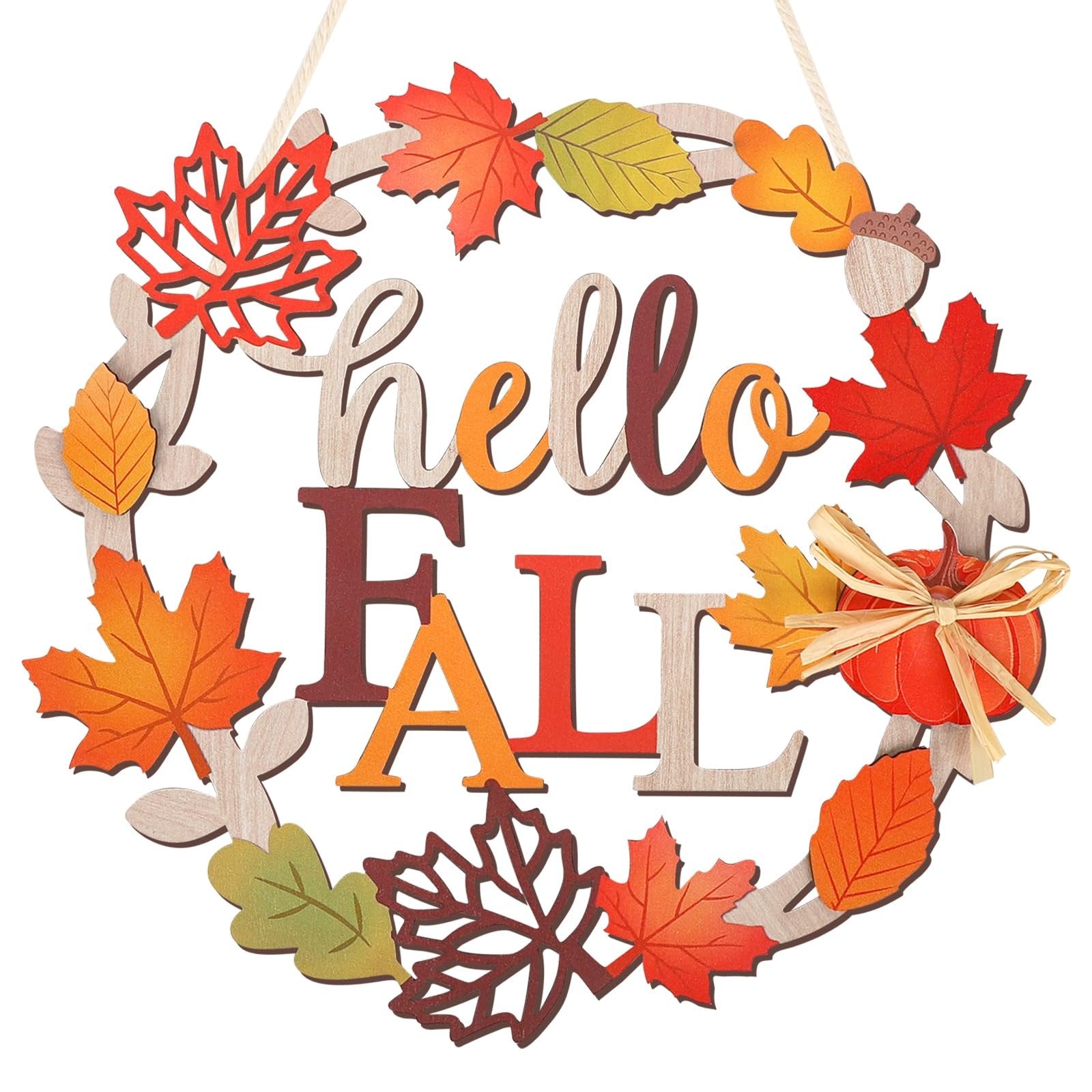 Wooden fall wreath with 'hello FALL' text and autumn leaves, featuring a small pumpkin accent.