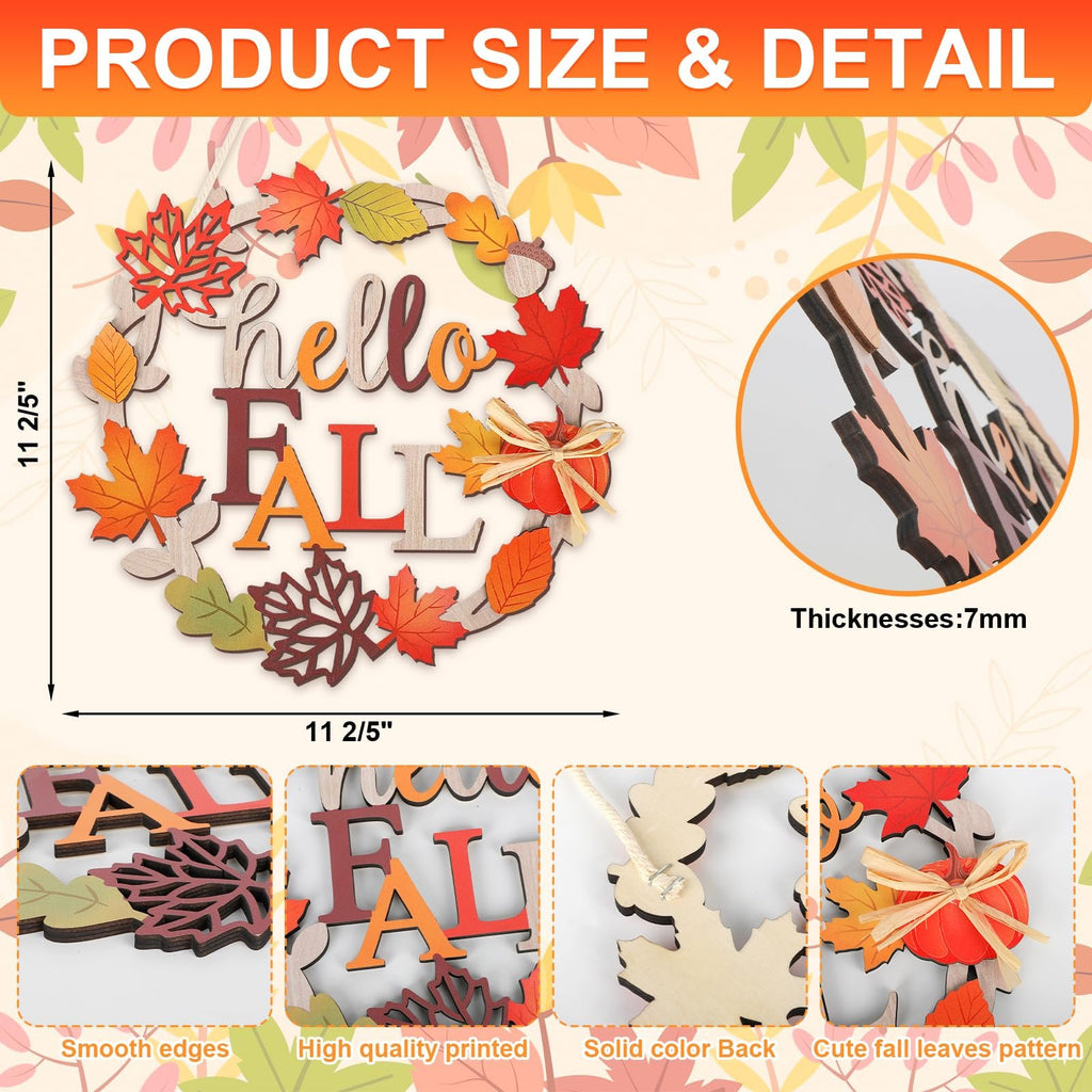Wooden fall leaves "hello FALL" sign with hanging rope, showing dimensions and details.