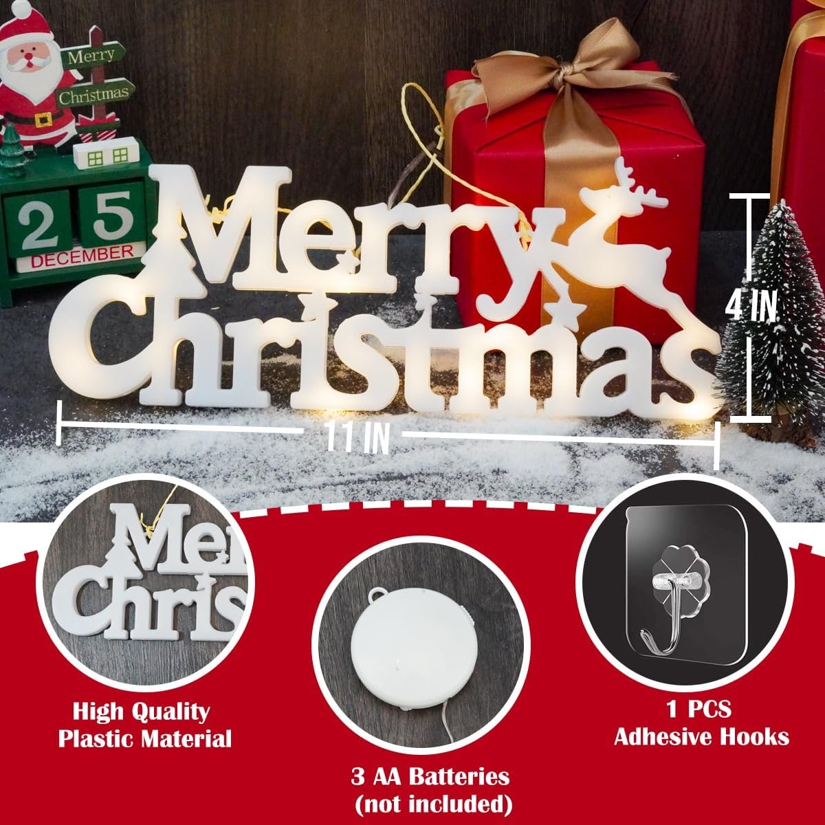 Lighted "Merry Christmas" sign with reindeer and stars, shown with dimensions and accessories.