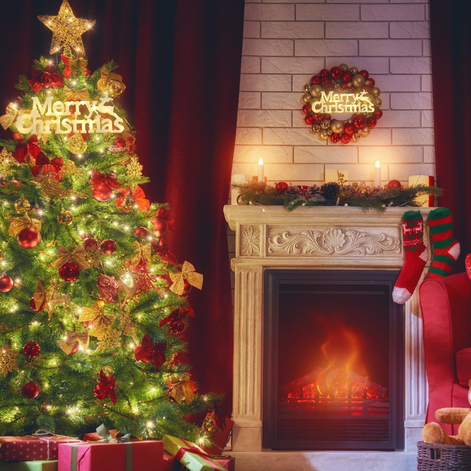 Christmas tree with ornaments and gifts next to a fireplace with stockings and a wreath