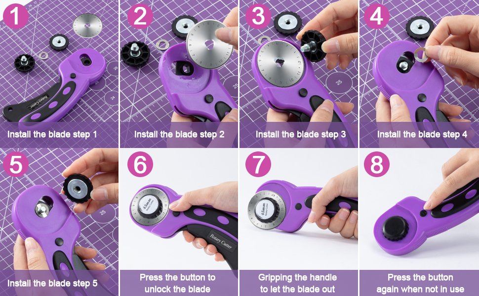 Eight-step visual guide showing how to install and operate a purple rotary cutter on a purple grid mat.