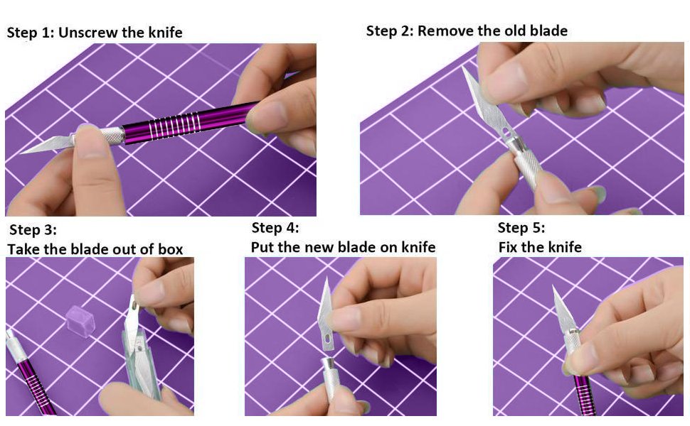 Five steps demonstrating how to change the blade on a craft knife, set against a purple grid cutting mat.
