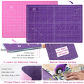 Two A3 cutting mats, one pink and one purple, with grids and angle guides. Close-up shows mat layers and a rotary cutter in use.