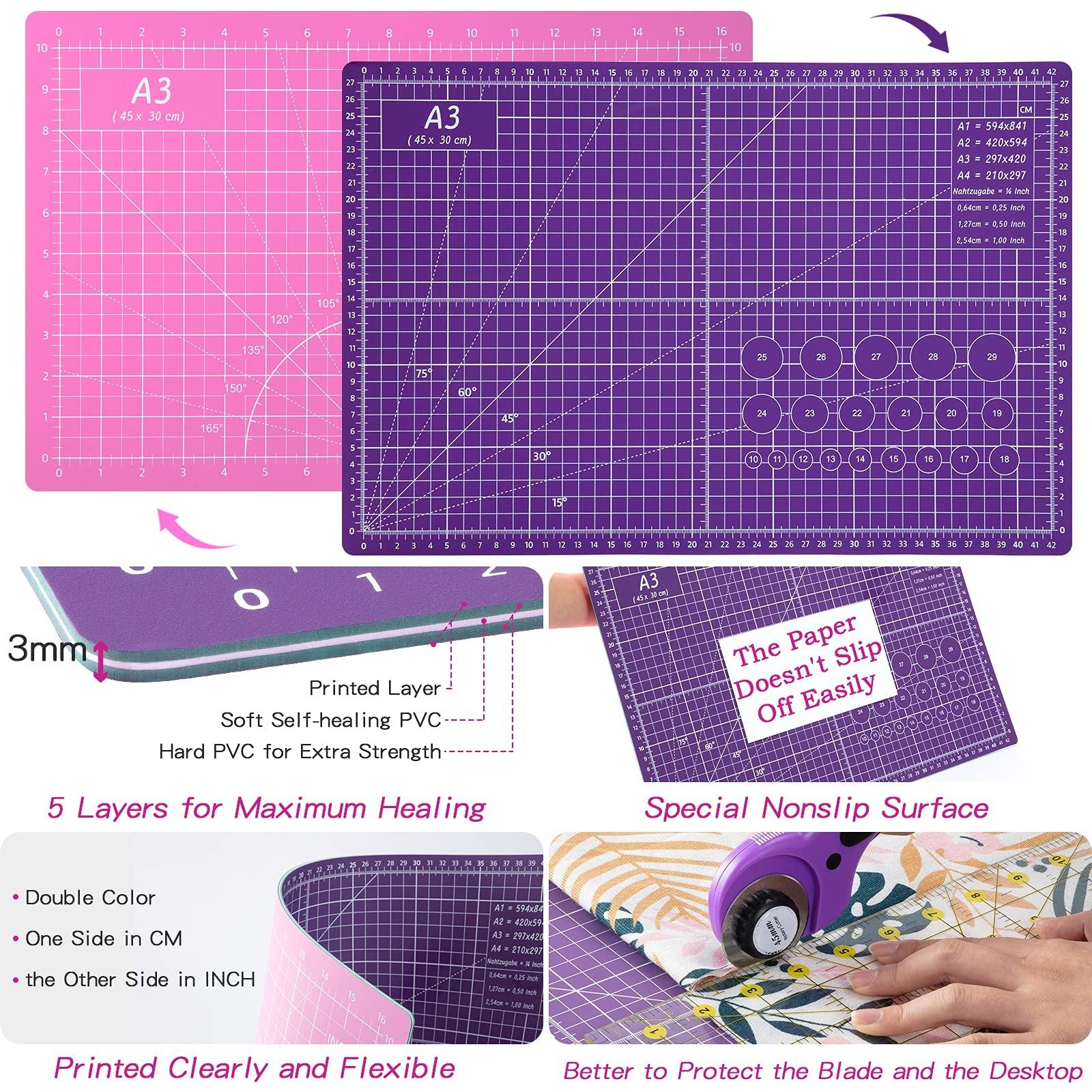 Two A3 cutting mats, one pink and one purple, with grids and angle guides. Close-up shows mat layers and a rotary cutter in use.