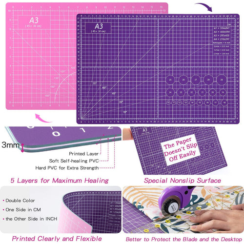 Two A3 cutting mats, one pink and one purple, with grids and angle guides. Close-up shows mat layers and a rotary cutter in use.