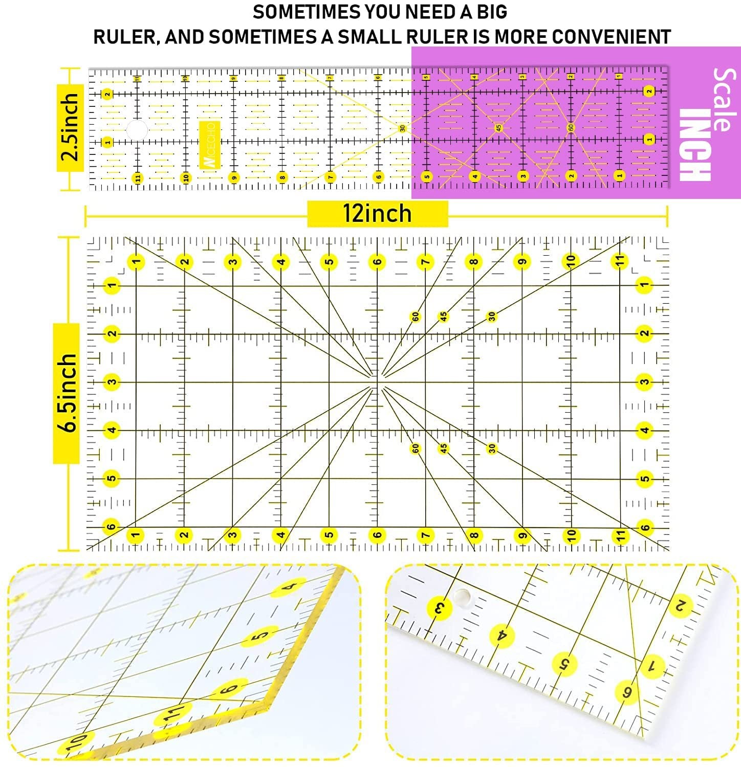 Set of quilting rulers including a large 12-inch ruler and smaller rulers, shown with measurement markings and angles.