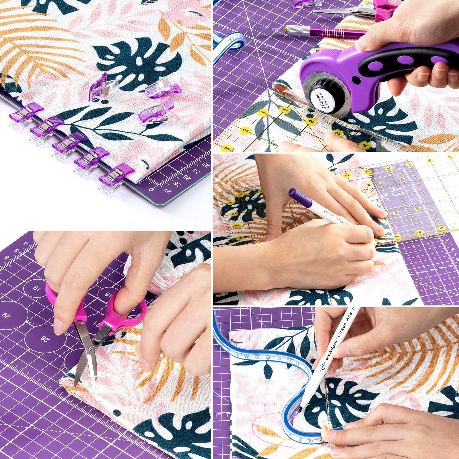 Collage of hands using sewing and crafting tools on fabric and a cutting mat. Includes rotary cutter, scissors, ruler, fabric clips, and marking pen.
