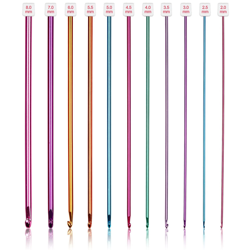 Set of 11 multicolor aluminum Tunisian crochet hooks with size markings from 2mm to 8mm, displayed vertically against a white background.